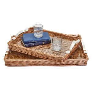 Set of 2 Wicker Tray White Handles