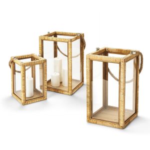 Set of 3 Rattan Lanterns with Rope Handle