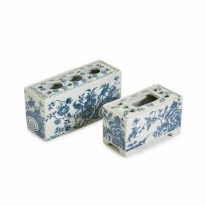 Set of 2 Blue and White Flower Brick Vase