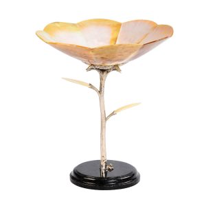 Slice MOP Shell Flower with Kabibi Shell Leaves on Silver Plated Stem on Stone Base