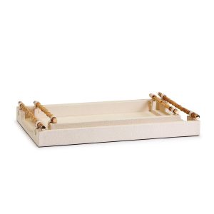 Set of 2 Cream Decorative Rectangle Tray with Bamboo Handles