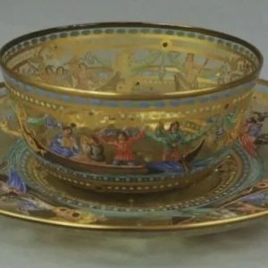 19th Century Enameled Venetian Glass Finger Bowl & Plate