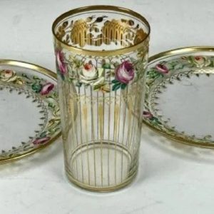 Moser Enameled Glass and 2 Plates